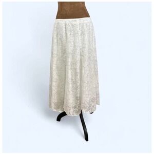 White Tonal Floral Jacquard Midi Skirt Scalloped‎ Hem Panel A-Line Flare Skirt